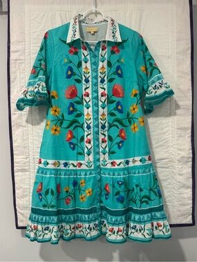 Islaplaya Turquoise Embroidered Floral Mini Dress